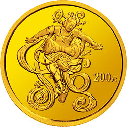 【010402】2001年中国石窟艺术（敦煌）金银纪念币-唐代长鼓舞图1/2盎司精制金币